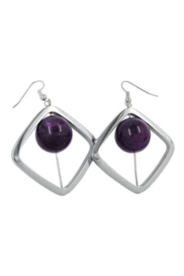 Hook Earrings Square Silver Coloured With Bead Purple - GL02394