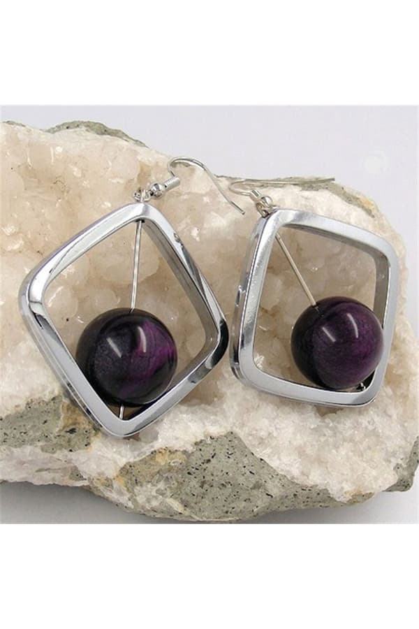 Hook Earrings Square Silver Coloured With Bead Purple - GL02394