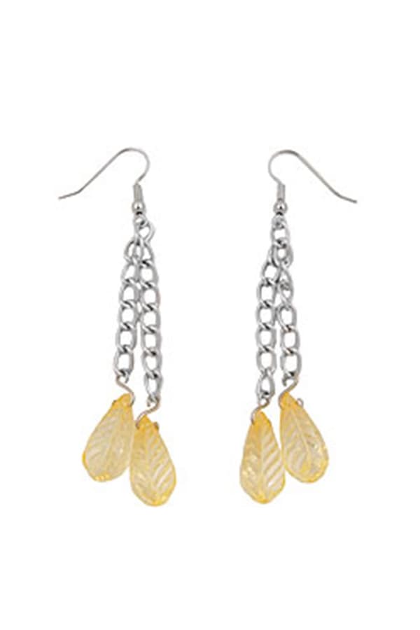 Hook Earrings Chain Silver Coloured With Leaf Beads Yellow - GL01071