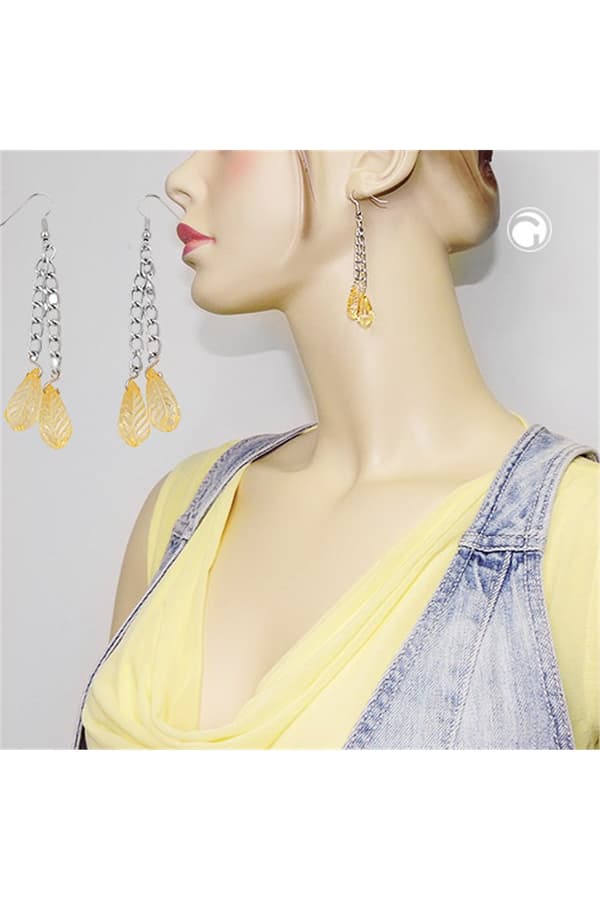 Hook Earrings Chain Silver Coloured With Leaf Beads Yellow - GL01071