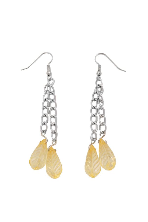 Hook Earrings Chain Silver Coloured With Leaf Beads Yellow - GL01071