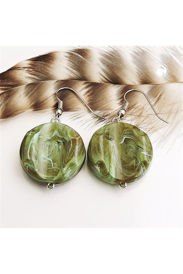 Hook Earrings Marbled Beads Olive Green - GL01032