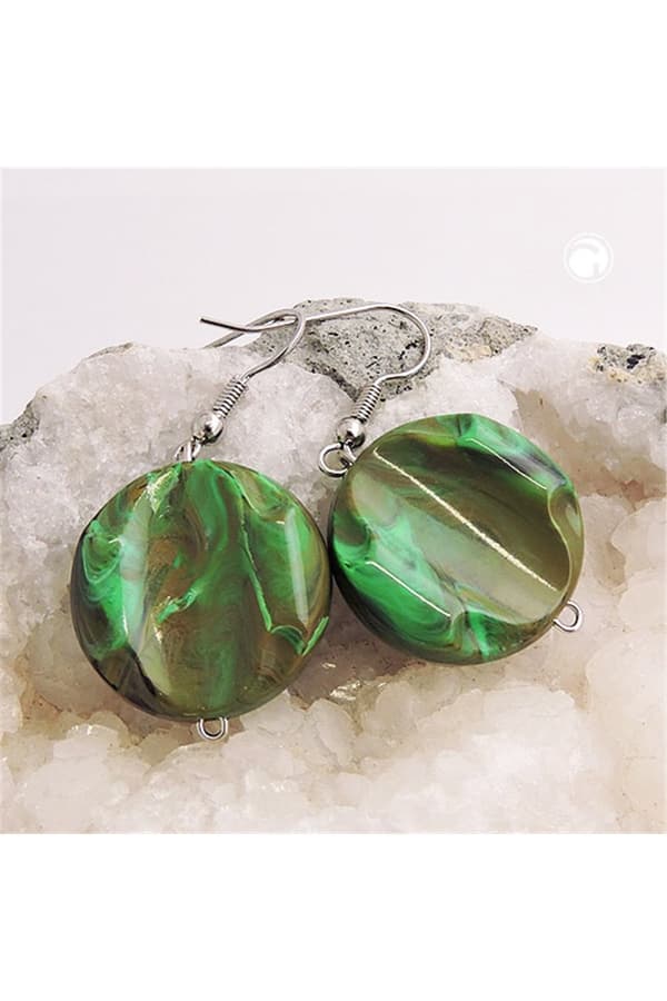 Hook Earrings Marbled Beads Olive Green - GL01030