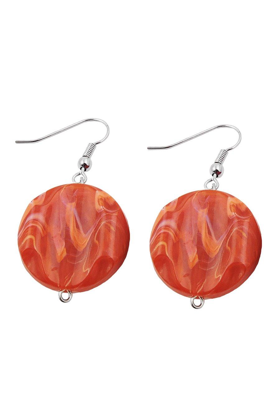 HOOK EARRINGS MARBLED BEADS ORANGE RED