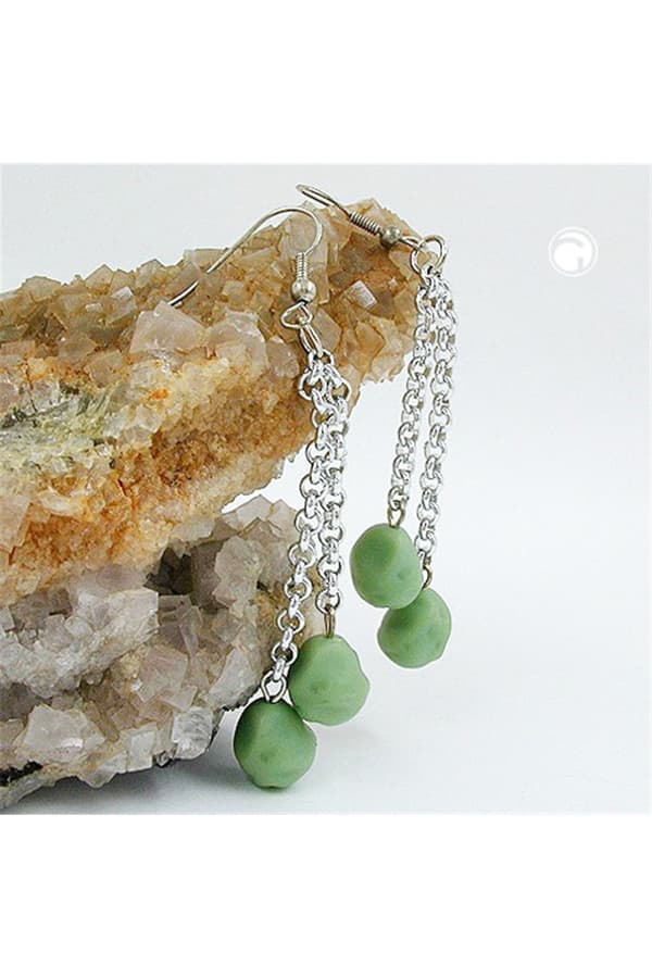 Hook Earrings Rolo Chain Silver Coloured With Beads Green - GL00323