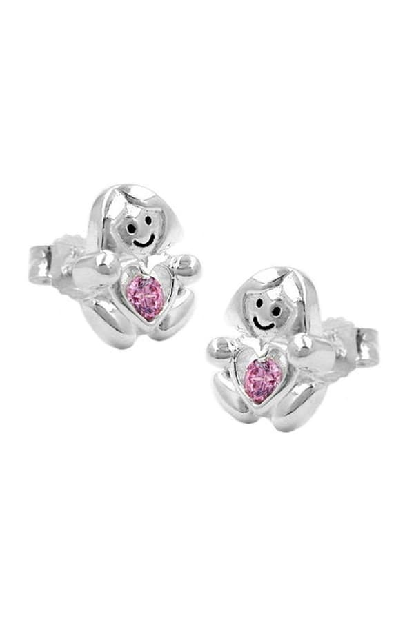 Ear Studs Girl With A Little Pink Heart Silver 925 - GL91665