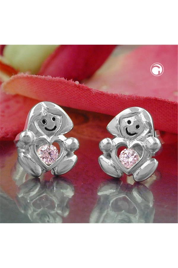 Ear Studs Girl With A Little Pink Heart Silver 925 - GL91665