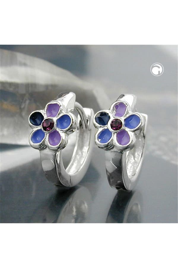 Hoop Earrings Purple Lacquered Flower Silver 925 - GL93330