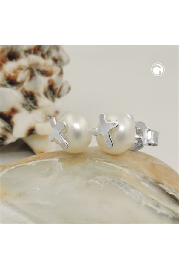 Earrings Studs Cross Pearl Silver 925 - GL93757
