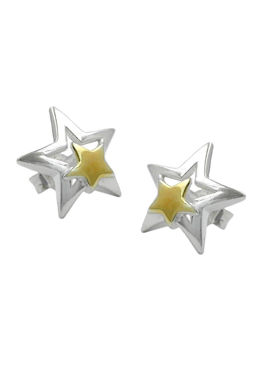 STUD EARRINGS STAR TWO TONE SILVER 925