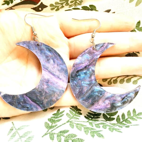 Earrings - Crescent Moon - Galaxy - Oversize - Acrylic
