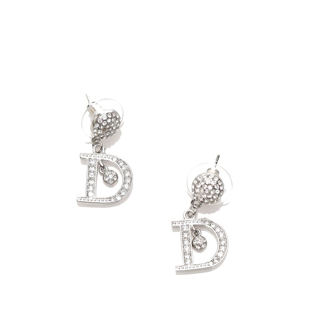 Dior Rhinestone D Pushback Earrings Silver