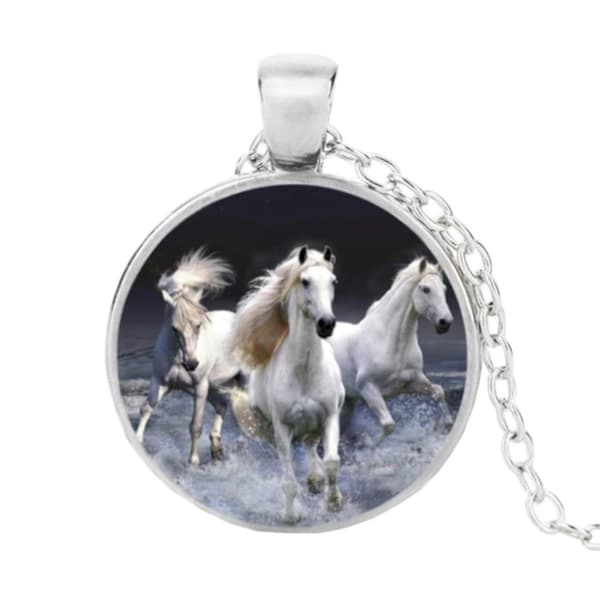 Halssmycke i glas med motiv [K12] - 3 springande hästar Silver