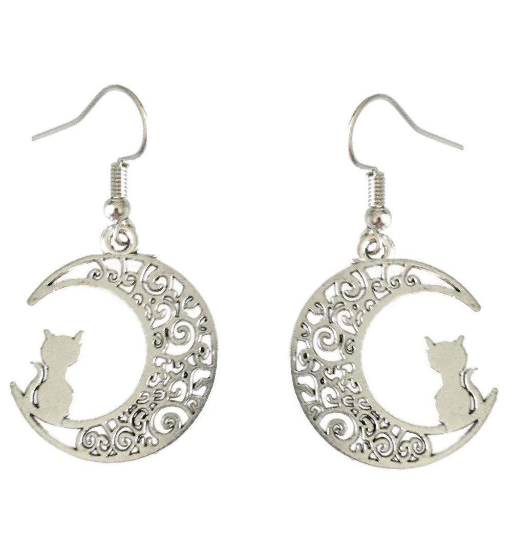 Örhängen Katt på halvmåne Rostfri krok Crescent Moon Wicca