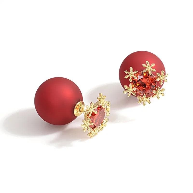 Dubbla Guld Örhängen - Mörk Röda med Boll, Kristall & Snöflinga