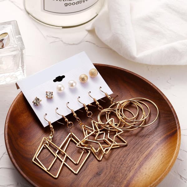 Örhängen set á 6 stk guldpläterade stjärna hoops romb diamant