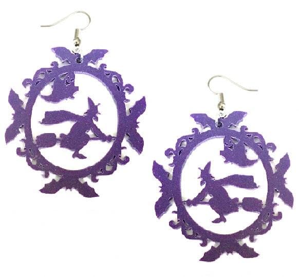 Earrings - Witch - Broom - Bats - Acrylic - Purple
