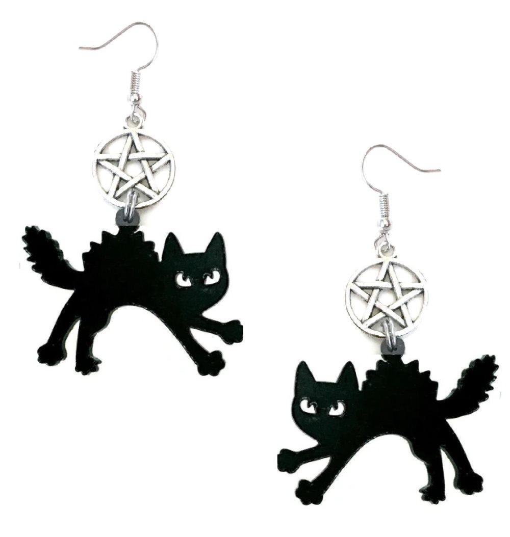 Örhängen Katt Black Cat Pentagram Wicca Pagan Halloween