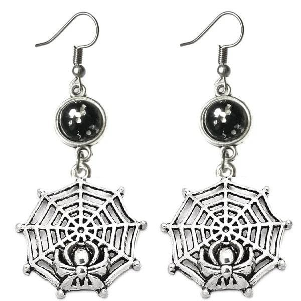 Earrings - Spider - Web - Cabochon - Black