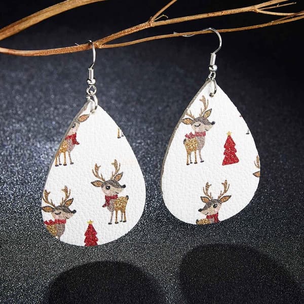 Drop-shaped festive earrings with Christmas motifs cute reindeer leather