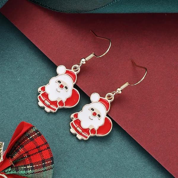 Festive earrings with Santa Claus with sack in white and red