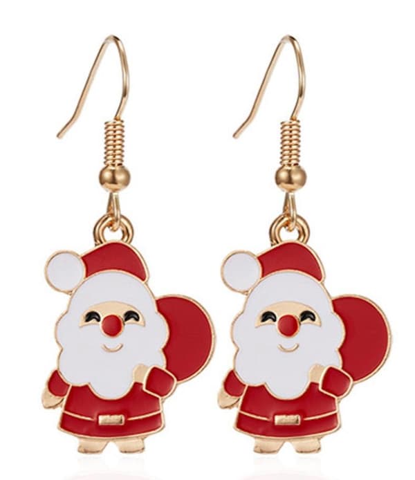 Festive earrings with Santa Claus with sack in white and red