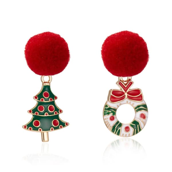 Asymmetriska örhängen med pom pom julgran julkrans
