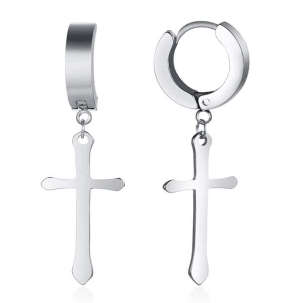 2-pack piercing ørering med hengende kors sølv