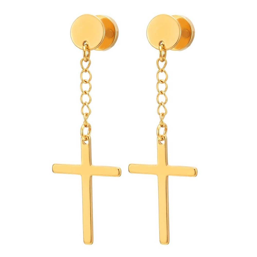 2-pack Piercing Örhänge Fake Plug med Hängande Kors Guld