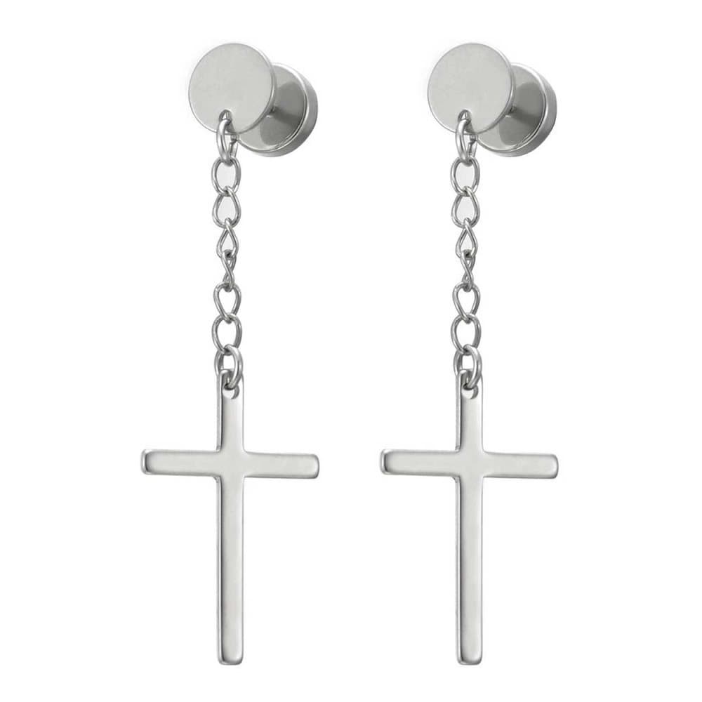 2-pack Piercing Örhänge Fake Plug med Hängande Kors Silver