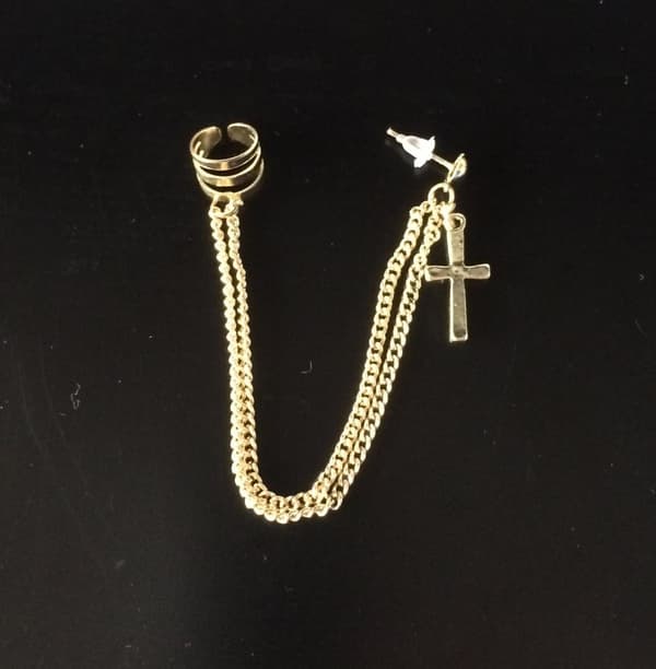 Earcuff Ear Cuff & Örhänge med Dubbla Kedjor & Kors - Guld