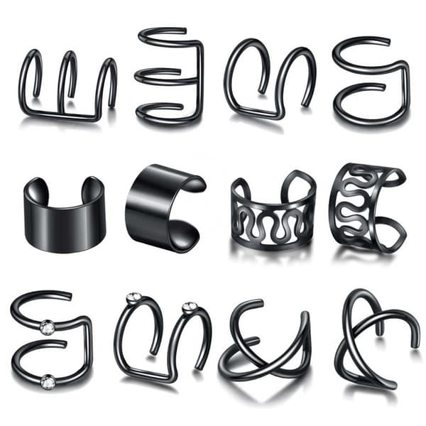 12-pack Fake Helix Piercing Öron Örhänge Ear Cuff utan Hål Svart
