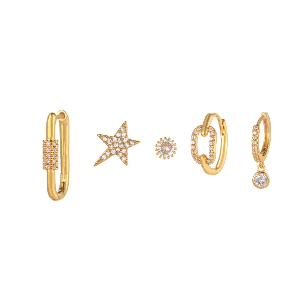 Fashion Star Sun Stud Hoop Örhänge Set för kvinnor 5-pack Guld