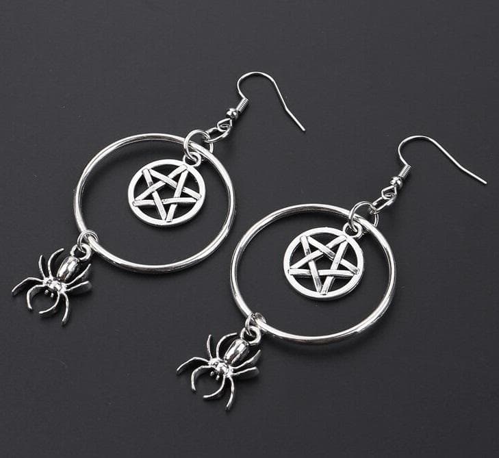 Örhängen Pentagram Spindel Spider Web Halloween Rostfria Creoler