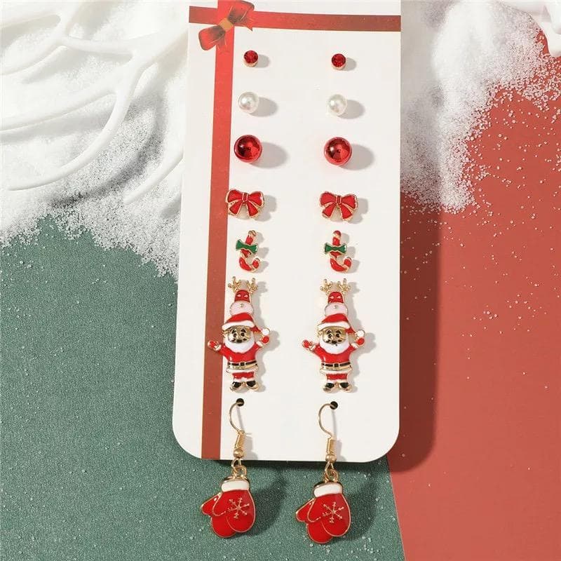 8 par Guld Örhängen till Jul - Pärlor, Rosett, Tomte & Kristall