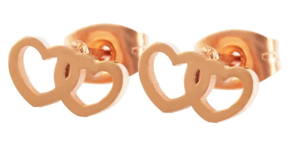 Rosé Guld Stud Örhängen i Rostfritt Stål med Dubbla Hjärtan