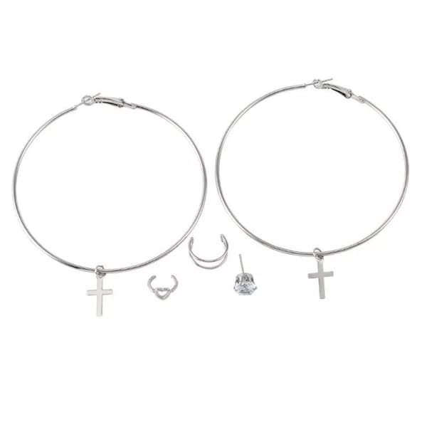 5 st Silver Örhängen - 5i1 set - Stud, Ear Cuff & Hoop med Kors