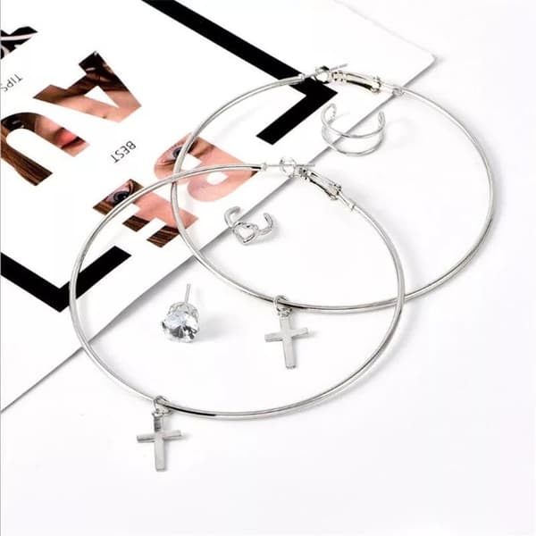 5 st Silver Örhängen - 5i1 set - Stud, Ear Cuff & Hoop med Kors