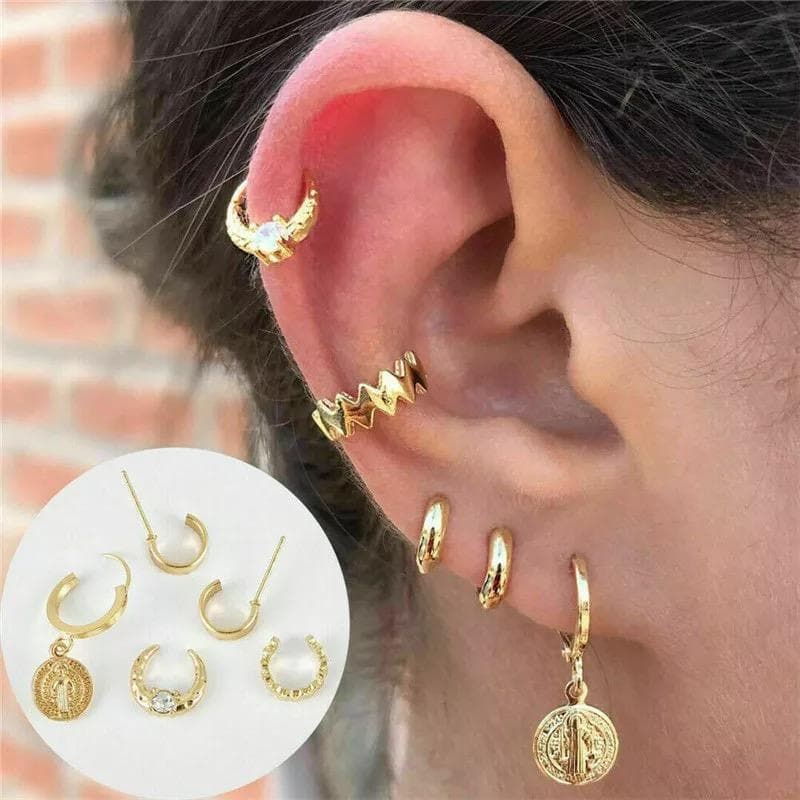 5 st Guld Örhängen - 5i1 set - Ear Cuff & Hoop med Medaljong