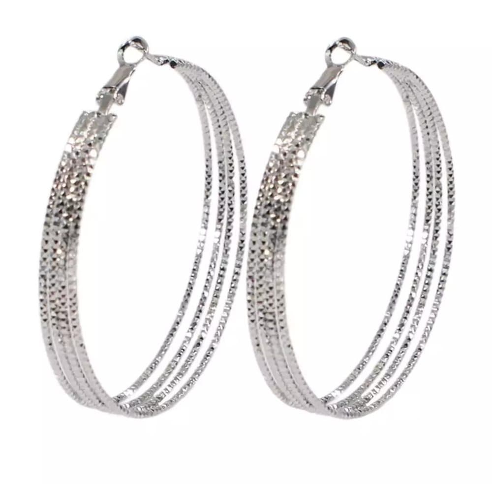 Stora 4-radiga Mönstrade Hoop Silver Örhängen - 6 cm