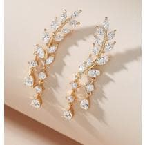 Guld Örhängen - Löv / Blad med Droppar & Vita Rhinestones