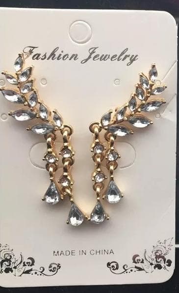 Guld Örhängen - Löv / Blad med Droppar & Vita Rhinestones