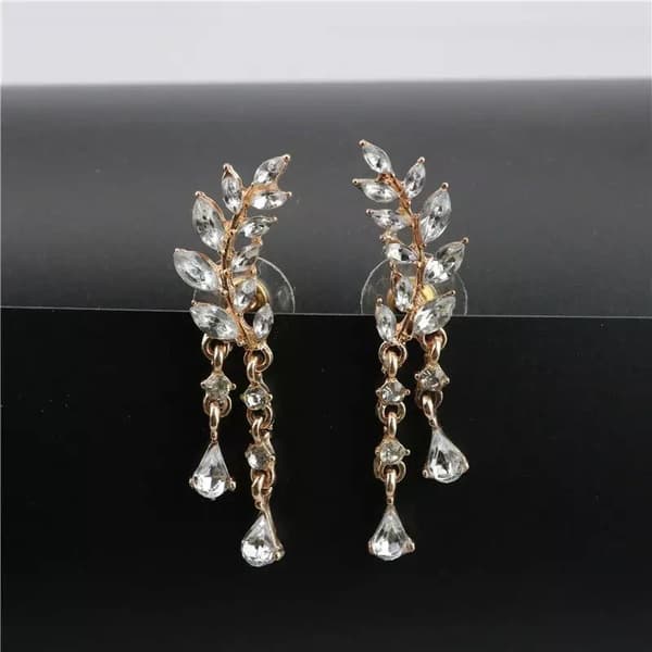 Guld Örhängen - Löv / Blad med Droppar & Vita Rhinestones