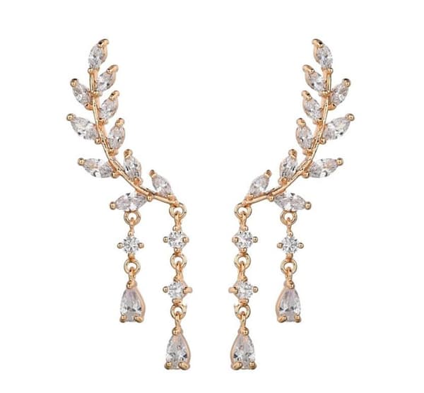 Guld Örhängen - Löv / Blad med Droppar & Vita Rhinestones