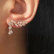 Guld Örhängen - Löv / Blad med Droppar & Vita Rhinestones