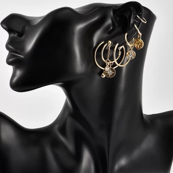 7 st Guld Örhängen - Ear Cuff & Hoop med Hängen & Rhinestones