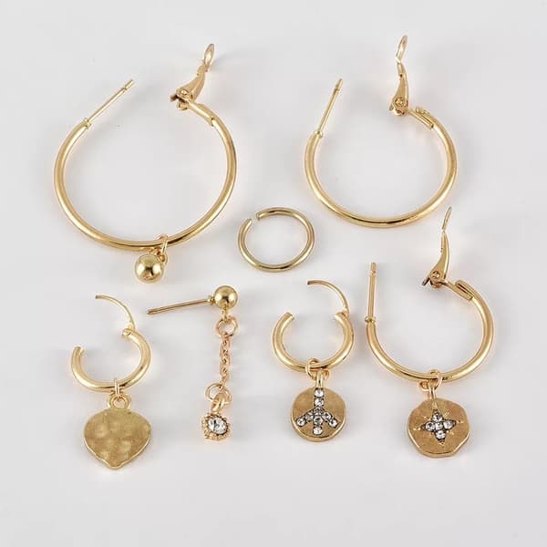 7 st Guld Örhängen - Ear Cuff & Hoop med Hängen & Rhinestones