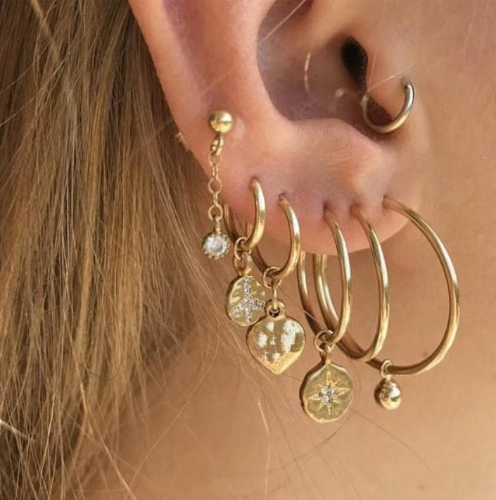 7 st Guld Örhängen - Ear Cuff & Hoop med Hängen & Rhinestones