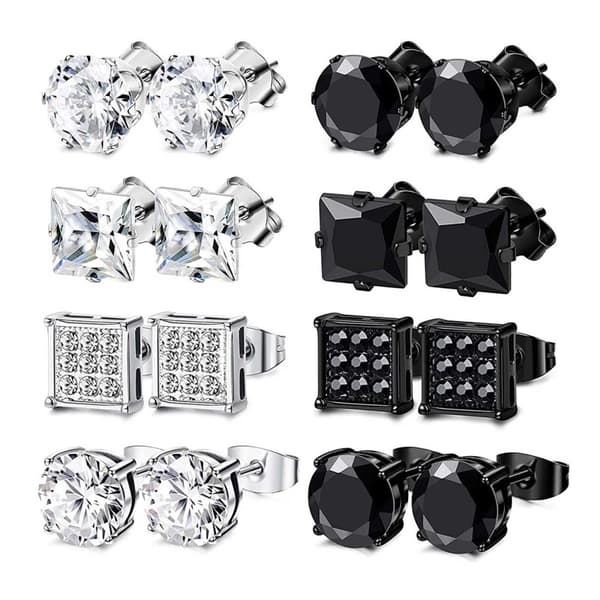 8 par øreringer Crystal Piercings Plugs Black Silver