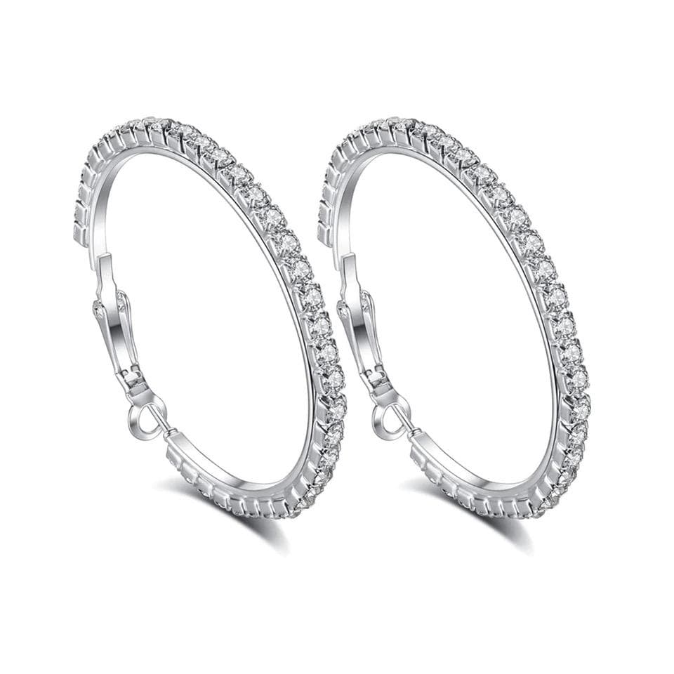 Glittrande Silver Örhängen - Hoop med Strass / Rhinestones 4 cm